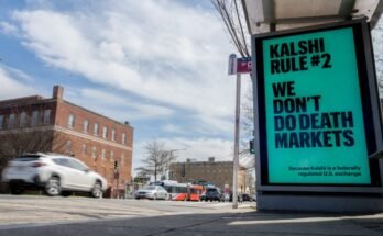 An advertisement at a bus stop says, "Kalshi rule #2: We don't do death markets," and that "Kalshi is a federally regulated US exchange."