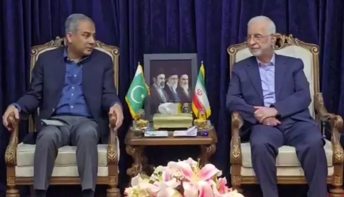 وزیر داخلہ محسن نقوی (بائیں) 20 مئی 2026 کو تہران میں اپنے ایرانی ہم منصب اسکندر مومنی سے ملاقات کر رہے ہیں۔