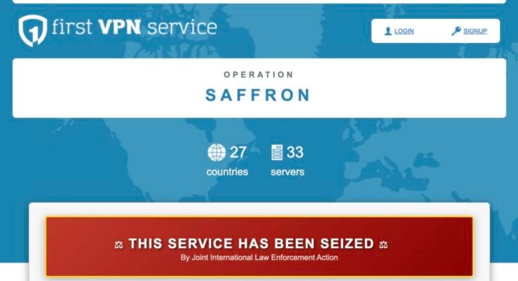 Screenshot of the First VPN service's website with a message stating that the service has been seized by a joint international law enforcement action.