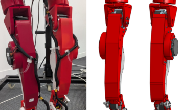 Two side-by-side images of red, 3D-printed humanoid robot legs. The left side shows a photo of the actual legs whereas the right side shows a concept design.