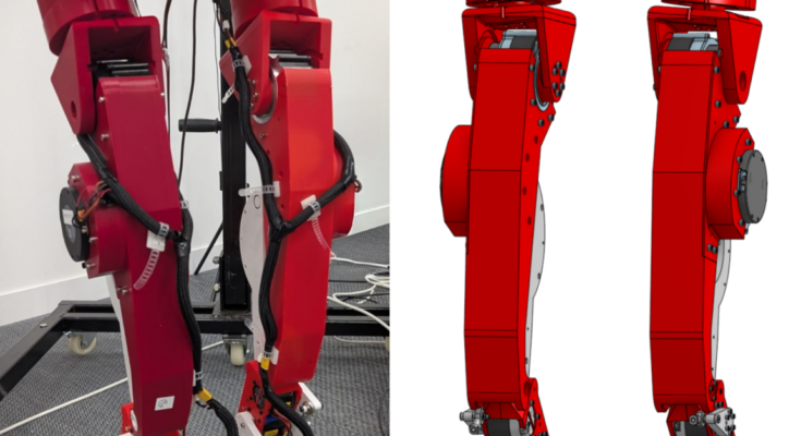 Two side-by-side images of red, 3D-printed humanoid robot legs. The left side shows a photo of the actual legs whereas the right side shows a concept design.