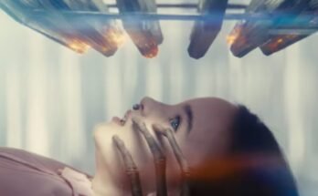 little girl lying on her back in a clinical setting looking up at an array of rods and lights comes down toward her. Spindly alien fingers are touching her face from below.