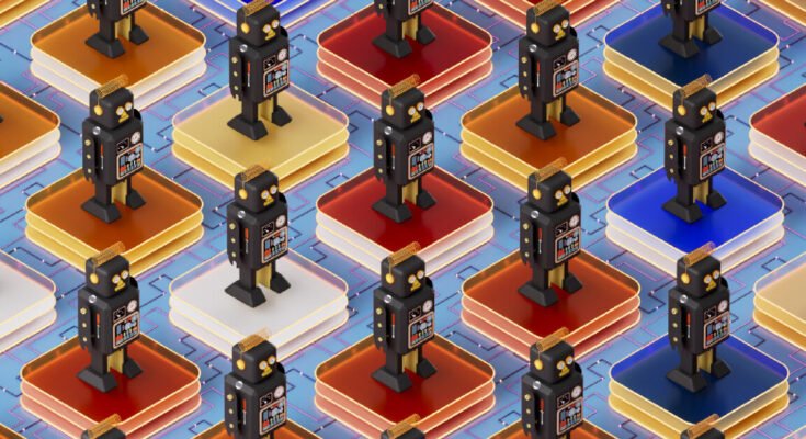Illustration of Retro Robots on Glass Blocks -- AI coding Agents