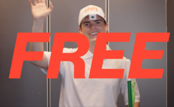 A person wearing a white hat with the word "Shift" and a camera attached to the hat brim is waving and smiling while holding a cleaning mop and Swiffer. The word "Free" in big red letters is in the foreground.