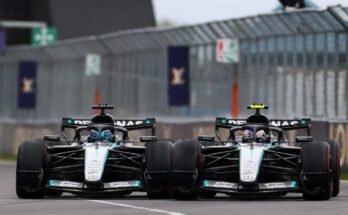 MONTREAL, QUEBEC - MAY 24: George Russell of Great Britain driving the (63) Mercedes AMG Petronas F1 Team W17 and Andrea Kimi Antonelli of Italy driving the (12) Mercedes AMG Petronas F1 Team W17 battle for track position during the F1 Grand Prix of Canada at Circuit Gilles-Villeneuve on May 24, 2026 in Montreal, Quebec. (Photo by Bryn Lennon - Formula 1/Formula 1 via Getty Images)