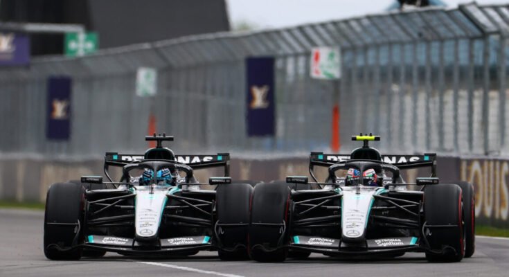 MONTREAL, QUEBEC - MAY 24: George Russell of Great Britain driving the (63) Mercedes AMG Petronas F1 Team W17 and Andrea Kimi Antonelli of Italy driving the (12) Mercedes AMG Petronas F1 Team W17 battle for track position during the F1 Grand Prix of Canada at Circuit Gilles-Villeneuve on May 24, 2026 in Montreal, Quebec. (Photo by Bryn Lennon - Formula 1/Formula 1 via Getty Images)
