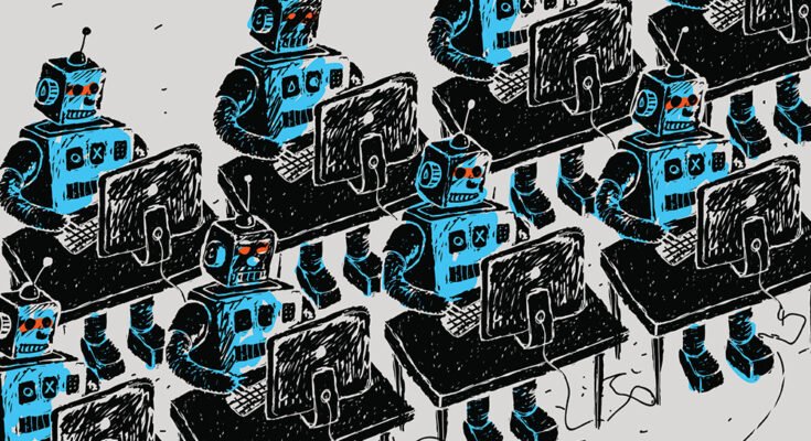 Rows of 1950s-style robots operate computer workstations.
