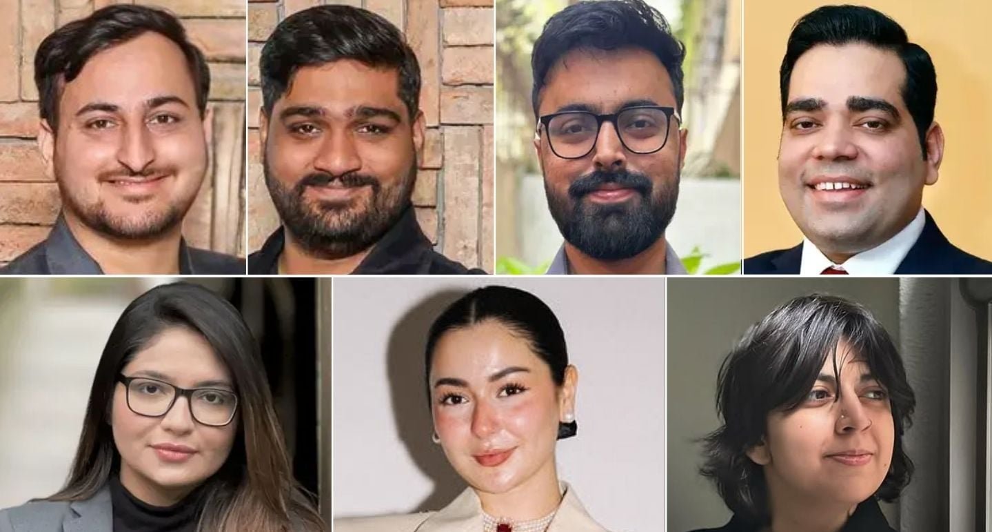 (اوپر بائیں سے گھڑی کی سمت) اس کولاج میں پاکستانی کاروباریوں محمد فرقان کریم قدوائی اور سرفراز شاہد حسین، سید اسماعیل، فہد شہباز، سمن کامران، ہانیہ عامر اور ماہرہ غنی کو دکھایا گیا ہے۔ — Forbes/Instagram/@samankamraan/@Haniaheheofficial
