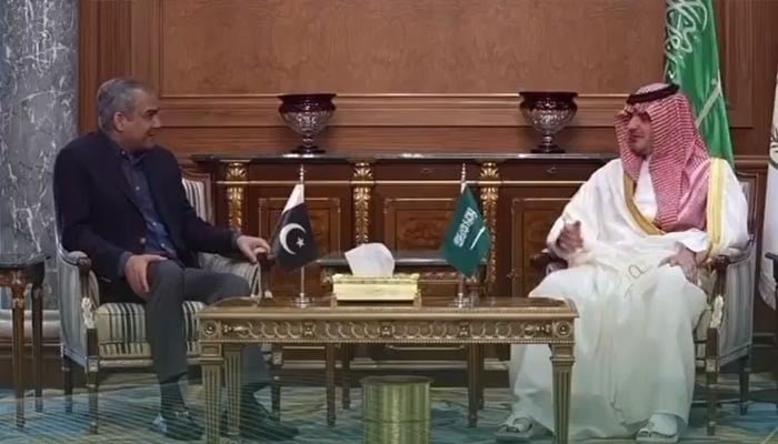 وزیر داخلہ محسن نقوی نے 28 مئی 2026 کو اپنے سعودی ہم منصب عبدالعزیز بن سعود آل سعود سے منیٰ، سعودی عرب میں ملاقات کی۔ — Screengrab via X/@MOIofficialGoP
