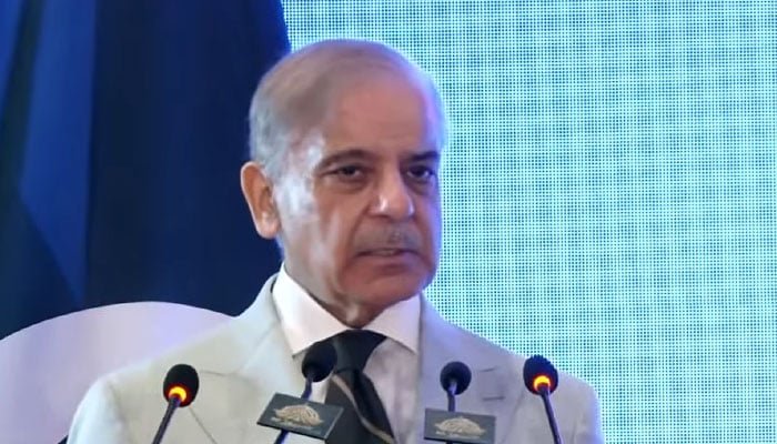 وزیر اعظم شہباز شریف 21 مئی 2026 کو پاکستان اور چین کے تعلقات کی 75 ویں سالگرہ کے موقع پر اسلام آباد میں تقریب سے خطاب کر رہے ہیں۔ - جیو نیوز کے ذریعے اسکرین گریب