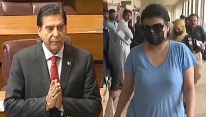 (بائیں سے دائیں) سابق وزیراعظم راجہ پرویز اشرف قومی اسمبلی سے خطاب کر رہے ہیں اور مبینہ طور پر منشیات کی ملکہ انمول عرف پنکی۔ — X/@NaofPakistan/GeoNews/فائل