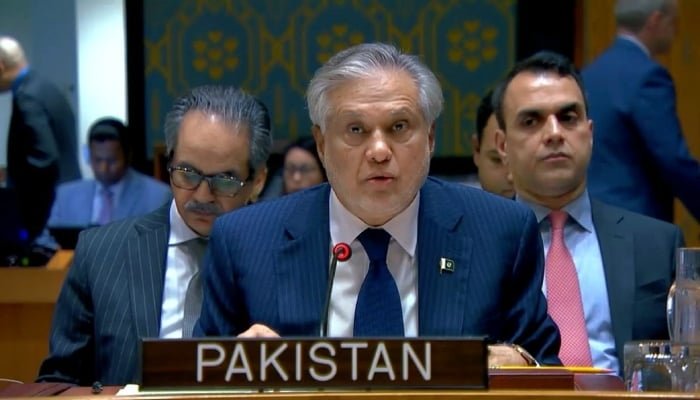 نائب وزیر اعظم اور وزیر خارجہ اسحاق ڈار 26 مئی 2026 کو نیویارک، امریکہ میں یو این ایس سی کے اجلاس سے خطاب کر رہے ہیں۔ — X/@PakistanUN_NY