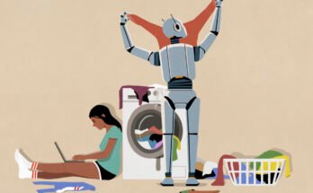 Illustration of humanoid robot folding laundry at dryer while teenage girl uses laptop.