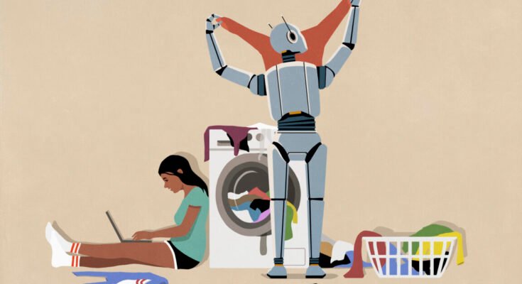 Illustration of humanoid robot folding laundry at dryer while teenage girl uses laptop.