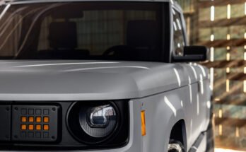 A close up of the Slate Auto truck's headlight