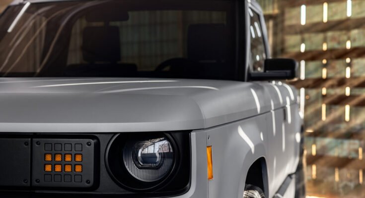 A close up of the Slate Auto truck's headlight