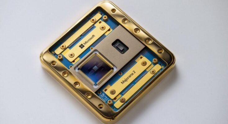 Image of a computer chip and its packaging, mostly with gold metal and green circuitboard.
