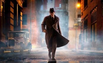 color version of Nic Cage as Ben/The Spider in 1930s PI garb striding down a neon-lit NYC street