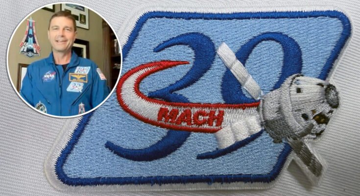 Composite image of a mostly-blue embroidered patch and an inset of an astronaut wearing the same design.