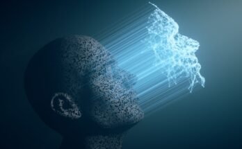 Illustration of a man's face being scanned with advanced technology.