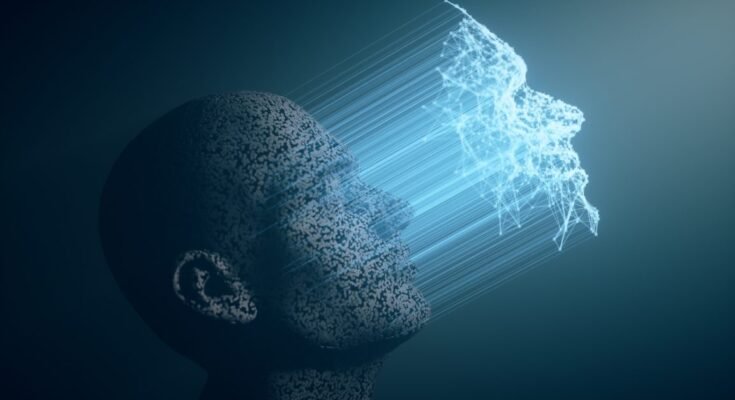 Illustration of a man's face being scanned with advanced technology.