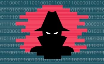Illustration of a shadowy figure whose face is covered, on a digital background composed of ones and zeroes.