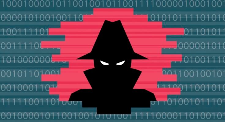 Illustration of a shadowy figure whose face is covered, on a digital background composed of ones and zeroes.