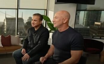 Prometheus co-founders Jeff Bezos and Vik Bajaj sitting for an interview with CNBC