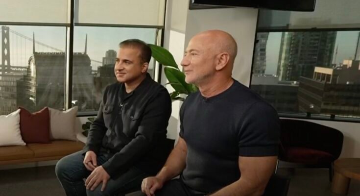 Prometheus co-founders Jeff Bezos and Vik Bajaj sitting for an interview with CNBC