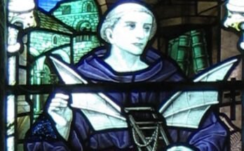 Cropped image of Stained glass window showing Eilmer, installed in Malmesbury Abbey in 1920