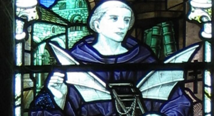 Cropped image of Stained glass window showing Eilmer, installed in Malmesbury Abbey in 1920
