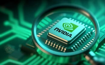 Photo illustration in which an Nvidia chip is seen through a magnifying glass