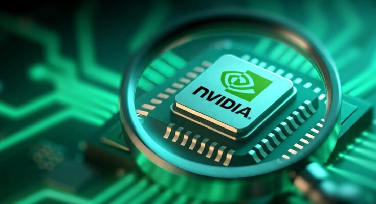 Photo illustration in which an Nvidia chip is seen through a magnifying glass