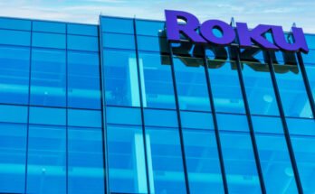 Roku sign and logo on the modern facade of its consumer electronics and broadcast media company headquarters in Silicon Valley - San Jose, California, USA - 2021