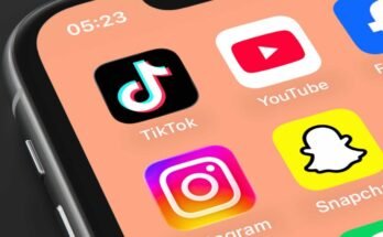 A phone screen displays app icons for TikTok, YouTube, Facebook, Instagram, and Snapchat.