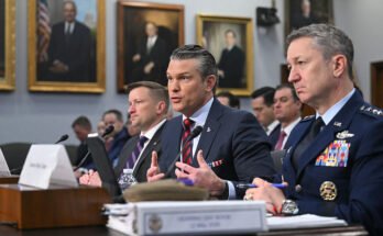 US Secretary of Defense Pete Hegseth (center) and US Chairman of the Joint Chiefs of Staff Gen. Dan Caine (right) testify during a House Committee on Appropriations, Subcommittee on Defense hearing to examine the 2027 budget for the Department of Defense in Washington, DC, on May 12, 2026.