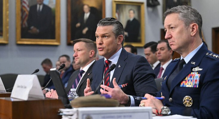 US Secretary of Defense Pete Hegseth (center) and US Chairman of the Joint Chiefs of Staff Gen. Dan Caine (right) testify during a House Committee on Appropriations, Subcommittee on Defense hearing to examine the 2027 budget for the Department of Defense in Washington, DC, on May 12, 2026.