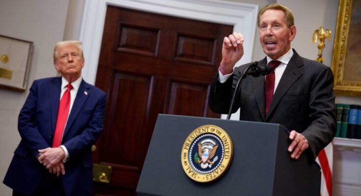 Image of Larry Ellison and President Trump shows Ellison speaking at a podium while Trump stands in the background.