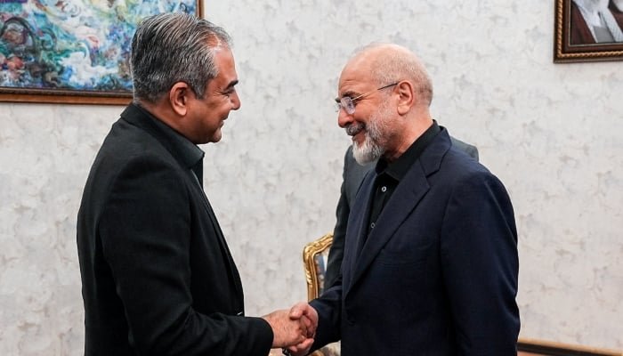 وزیر داخلہ محسن نقوی (بائیں) تہران، ایران، 17 مئی 2026 میں ایرانی پارلیمنٹ کے اسپیکر محمد باقر غالب سے ملاقات کر رہے ہیں۔ — رائٹرز