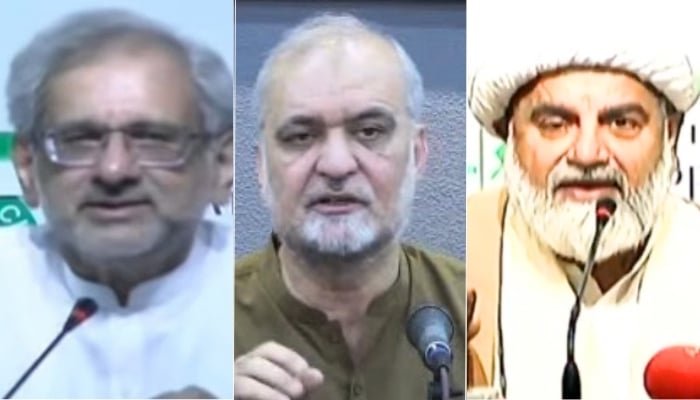 اس کولیج میں عوامی پاکستان پارٹی کے رہنما شاہد خاقان عباسی (بائیں)، جماعت اسلامی کے امیر حافظ نعیم الرحمن اور سینیٹ میں اپوزیشن لیڈر علامہ راجہ ناصر عباس کو دکھایا گیا ہے۔ - جیو نیوز کے ذریعے اسکرین گریب