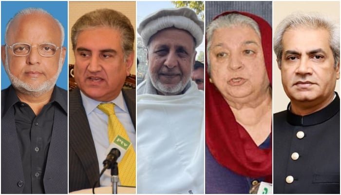 (بائیں سے دائیں) پی ٹی آئی رہنما اعجاز چوہدری، شاہ محمود قریشی، محمود الرشید، یاسمین راشد اور عمر سرفراز چیمہ۔ — سینیٹ آف پاکستان/X@Mian_MUR/@OmarCheemaPTI/@SMQureshiPTI