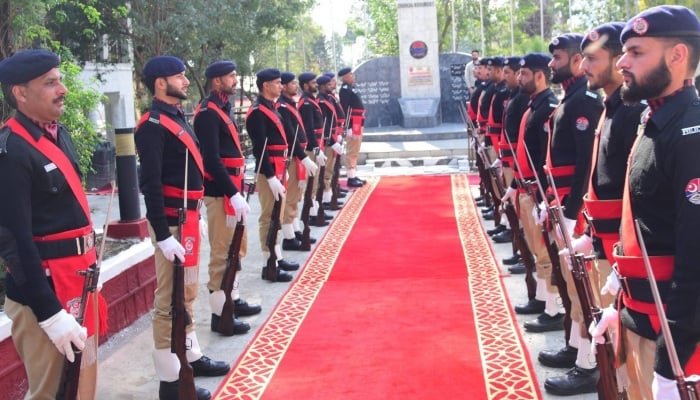 آزاد جموں و کشمیر پولیس کے اہلکار چوکس کھڑے ہیں۔ - اے جے کے پولیس کی ویب سائٹ