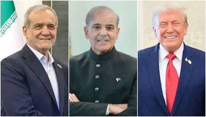 ایرانی صدر مسعود پیزشکیان (بائیں)، وزیر اعظم شہباز شریف (درمیان) اور امریکی صدر ڈونلڈ ٹرمپ۔ - پی ایم او/وائٹ ہاؤس/فائل