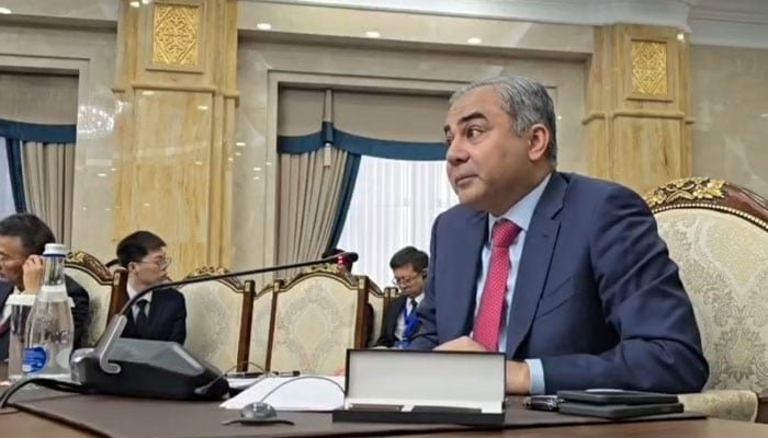 وزیر داخلہ محسن نقوی 5 جون 2026 کو کرغزستان کے شہر بشکیک میں شنگھائی تعاون تنظیم کے وزرائے داخلہ اور عوامی سلامتی کے خصوصی اجلاس سے خطاب کر رہے ہیں۔ - اے پی پی